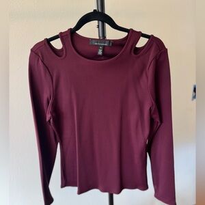 White House Black Market Maroon Cut-Out Shoulder Long Sleeve Top